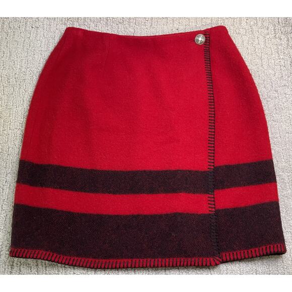 VTG Ralph Lauren Country Red Black Wool Wrap Skirt 10 Silver Concho Button